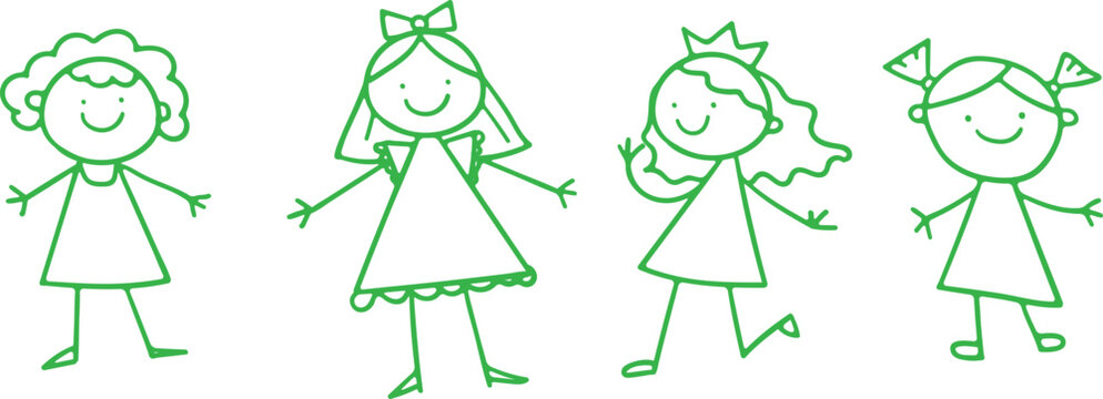 Cheerful vector graphic design of four diverse smiling green stick figure girls.