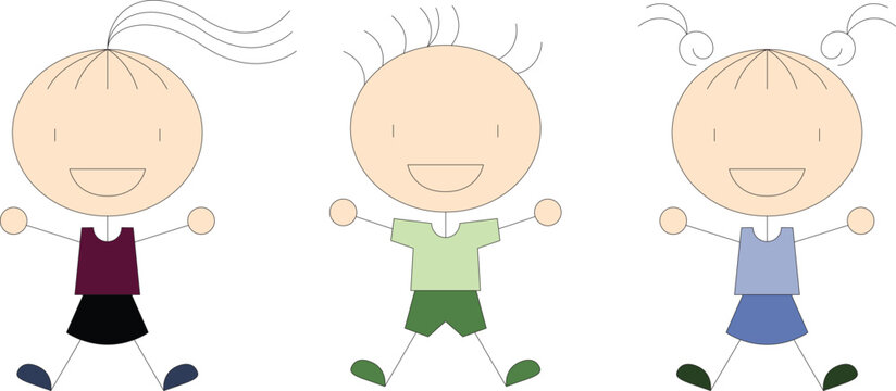 Three happy minimalist children stick figures vector illustration, depicting playful cartoon kids.