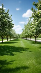 Naklejka premium Fresh grass and trees create a vibrant spring background, with a bright blue sky and bokeh effects for design or text space