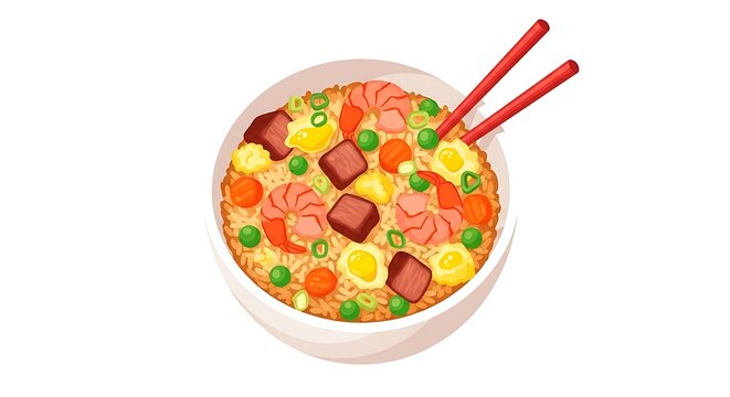 Colorful bowl of fried rice with vegetables and chopsticks inserted