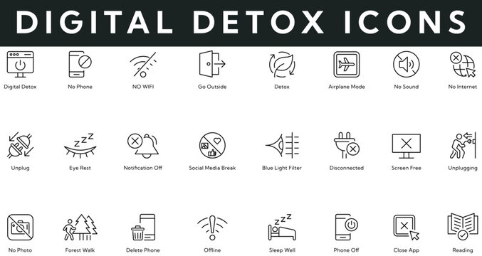 Digital detox icon set contains no phone, no wifi, go outside, airplane mode, no sound, no internet, unplug, eye rest, notification off, read.  Vector illustration outline icons with editable stroke