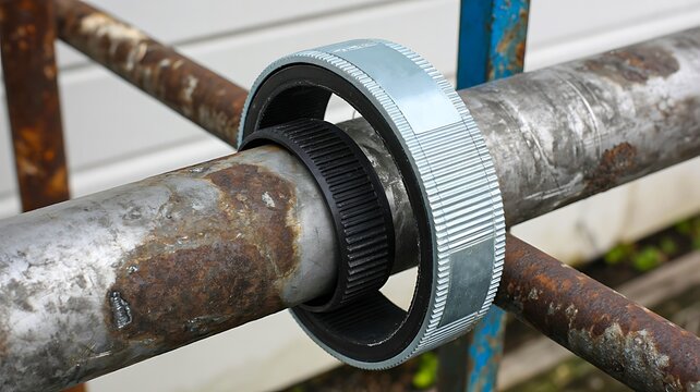 Pipe clamp connection on metal pipes representing industrial plumbing and construction concept