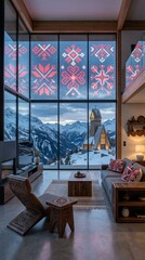 Obraz premium Futuristic mountain cabin interior featuring glowing LED Ukrainian embroidery on windows, hand-carved wooden furniture, and a snowy church view.