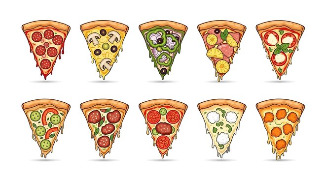 Assorted pizza slices with various toppings in a vector graphic illustration