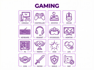 Complete set of minimalist gaming and e-sports line icons featuring hardware peripherals, console equipment, and common in-game elements © Hikmat Ullah 