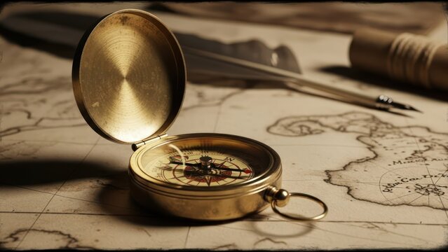 Vintage compass on old map.