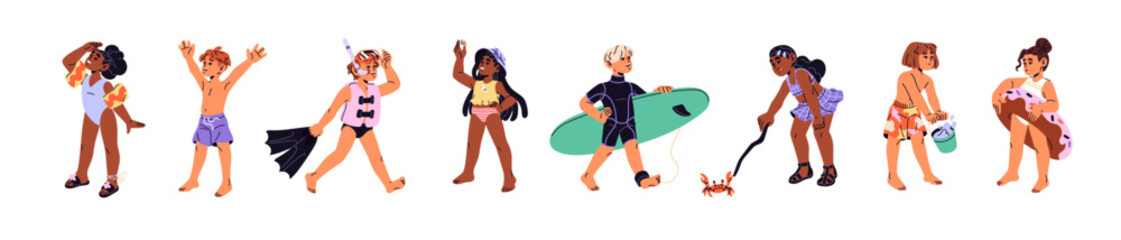 Cute kids in swimsuits set. Little boys and girls in swimwear in summer. Happy children with inflatable circles for swimming at sea resorts. Flat isolated vector illustrations on white background © Paper Trident