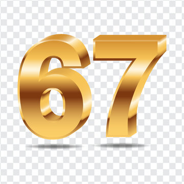 Golden 3D Number 67 Isolated on Transparent Background, Luxury Gold Glossy Sixty Seven 67th Anniversary, Birthday, Year or Price Tag Graphic Element for Celebration, Sale, and Awards Events.