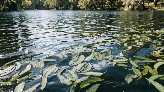 eucalyptus leaves floating on a lake static camera