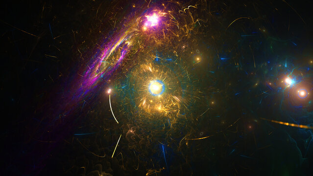 Abstract Digital Fractal Art of Cosmic Energy Bursting with Vibrant Glowing Particles and Swirling Colorful Light Patterns in Deep Space
