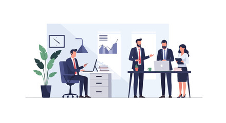 Fototapeta premium This professional vector illustration depicts a modern office scene where coworkers collaborate and work individually in a corporate setting.