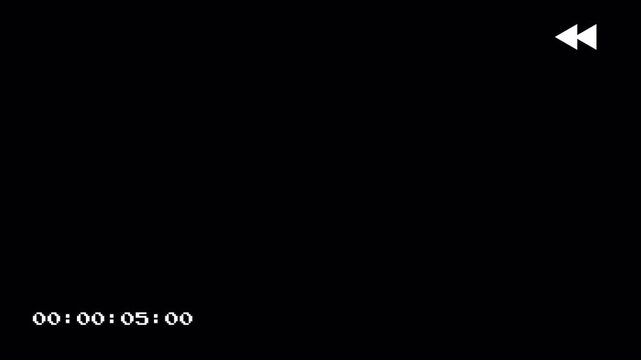 VHS Tape Rewind Glitched on Black Background with Retro Timecode and Static Noise 4k video animation seamless loop