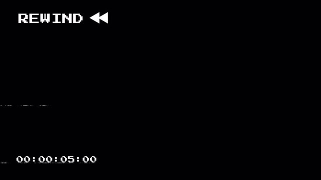 VHS Tape Rewind Glitched Effect with Timecode and Retro Overlay on Black Background 4k video animation seamless loop