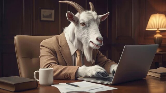 Anthropomorphic white goat in business suit working on laptop in classic office. Surreal professional character at wooden desk. Static medium shot.