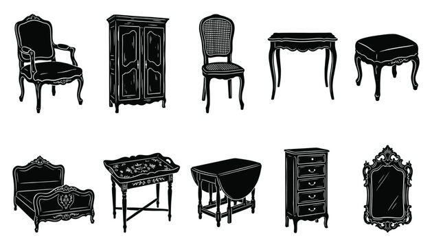 Vintage furniture silhouette collection for interior design and home decor concepts