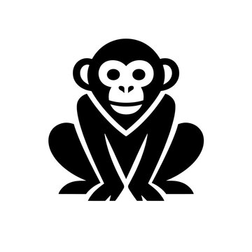 A black and white illustration of a monkey sitting on the ground with a neutral expression on its face looking forward