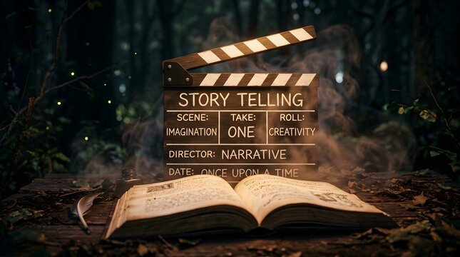 Open book with film clapperboard in forest representing storytelling filmmaking creativity imagination and cinematic narrative concept