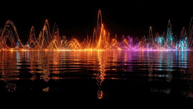 Abstract multi-color glowing frequency waves reflecting on a dark, still liquid surface