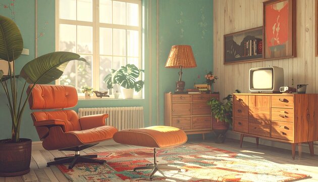 Vintage Living Room with Orange Chair and Natural Light.