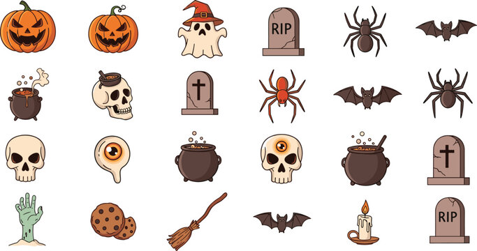 
Halloween Cartoon Icon Set with Pumpkin Ghost Skull Spider Bat Cauldron Broom Grave Candle and Zombie Elements