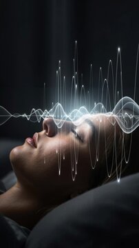 Woman sleeping with moving glowing flow of waves around, representing brain rhythms, sound waves, neurology research. Calm and medetative sleeping routine, music for dreams. Alpha rhythms