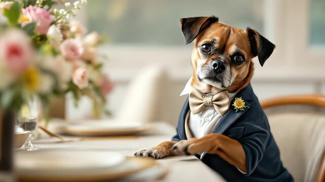 A dog in a tuxedo sits at a formal table setting with flowers.