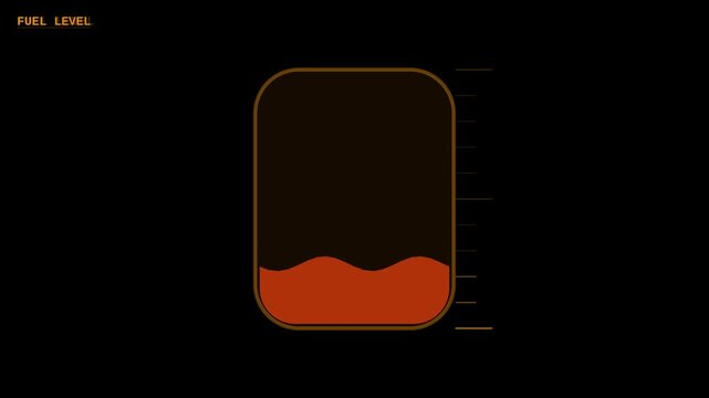 Amber fuel level HUD empty tank animation with draining liquid. Seamless loop burnout overlay for health, wellness, and business concepts 