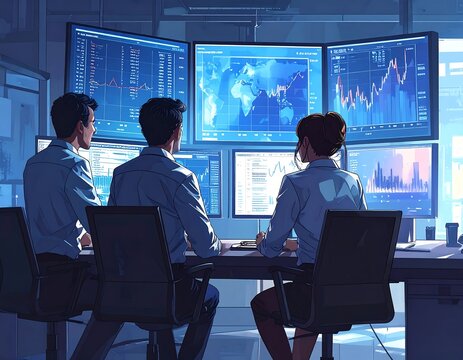 Three people sitting at a desk looking at multiple computer screens displaying graphs