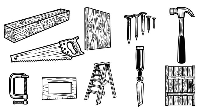 Hand Drawn Carpentry Woodworking Tools and Timber Materials Vector