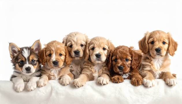 Group of Six Brown and White Puppies on White Blanket Backdrop Pet Photography