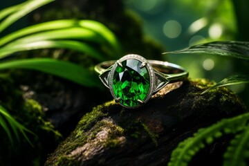 Naklejka premium Emerald ring resting on mossy wood, surrounded by lush green foliage, suggesting luxury in nature
