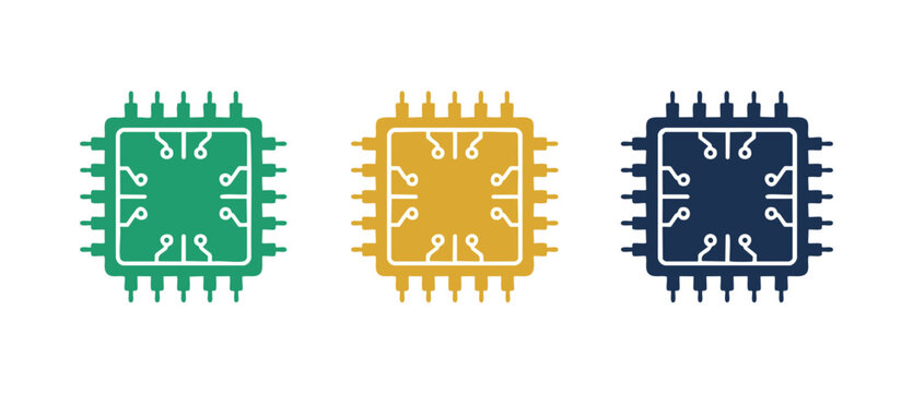 Computer Microchip Processor Icon Set, CPU Electronic Hardware Symbol, Integrated Circuit Design, Technology Hardware Vector Illustration, Digital Components In Green Gold And Dark Blue Isolated On Wh