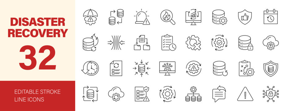 Disaster recovery icon set. Editable line icons. Vector illustration.