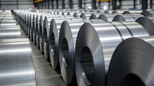 Rows of metal coils in warehouse
