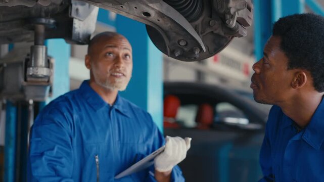 Automotive mechanic vehicle lift brake undercarriage workshop inspection glove blue uniform service maintenance repair auto workshop discussing brake inspection with coworker and vehicle garage