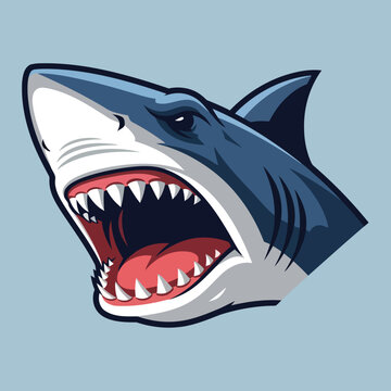 Powerful and dynamic illustration of a shark's head, jaws wide open revealing sharp teeth, symbolizing fierce predatory instinct and marine strength