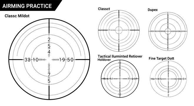 Targets aiming practice set with concentric circles and crosshairs for shooting training featuring bullseye, marksmanship, illuminated reticle with