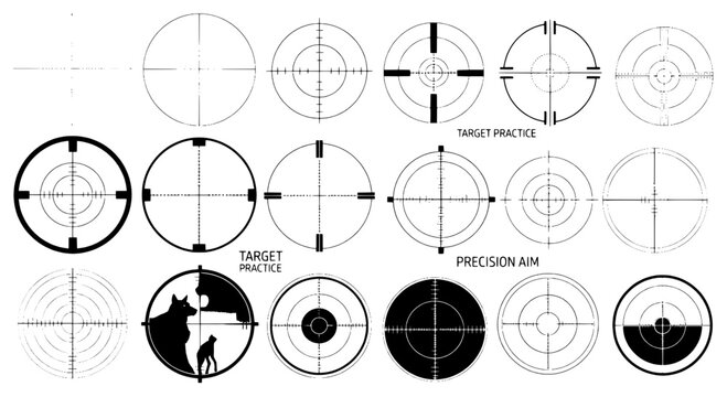 Targets vector set with black and white aiming sights, crosshairs, and bullseyes for precision shooting, hunting and practice