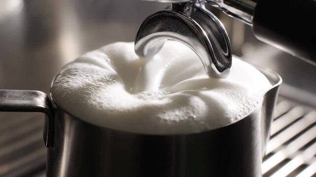 In this mesmerizing sequence, creamy milk flows and transforms into airy froth within a sleek stainless steel pitcher. The delicate artistry unfolds in a cozy cafe setting, evoking warmth and passion.