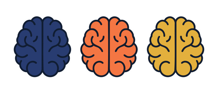 Human Brain Icon Set, Three Colorful Brain Logos for Neuroscience, Mental Health, Education, Psychology and Creativity Concepts, Vector Flat Illustration Isolated on White Background.