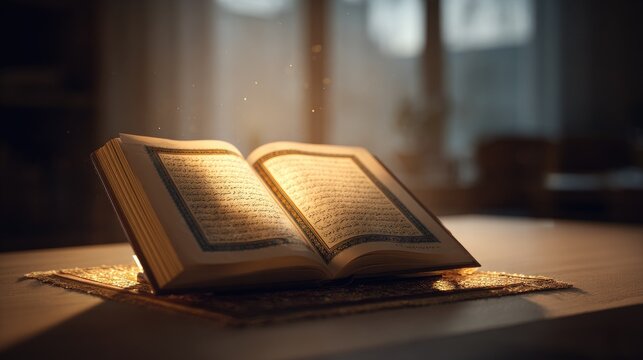 Open book on wooden surface illuminated by sunlight in a tranquil setting
