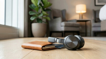 Obraz premium Modern headphones and a leather wallet on a wooden floor in a blurred cozy hotel room, ready for travel or relaxation.