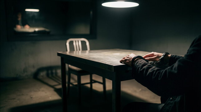 Person in handcuffs at an interrogation room table under harsh light, reflecting tension and crime investigation.