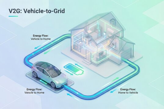 Isometric V2G power flow diagram with solar-powered home, electric car, and charging infrastructure