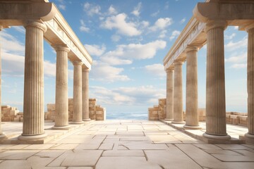 Obraz premium Ancient stone columns and ruins standing by the sea under a blue sky with clouds