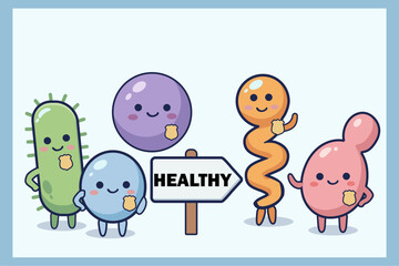 Fototapeta premium Cute cartoon probiotics set featuring friendly bacteria characters