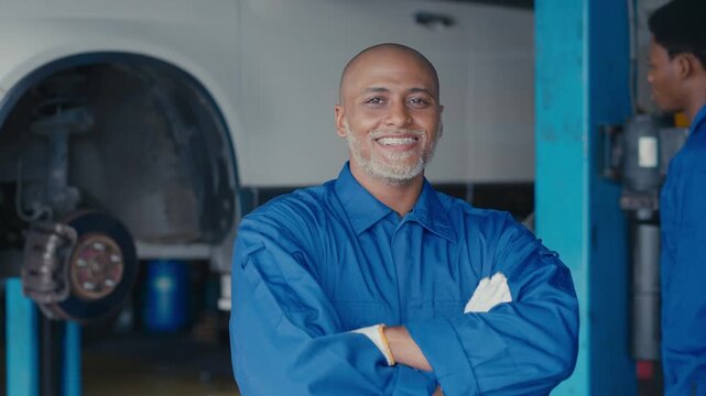 Smiling mechanic portrait in blue uniform standing in auto repair workshop, garage with lifted car and brake service area, adult man for car repair service