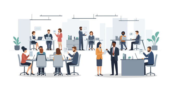 The image shows a busy, modern open-plan office with diverse professionals working at desks and collaborating in various group settings.