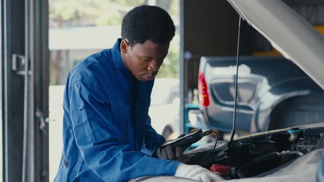 Car mechanic inspecting engine compartment, diagnostic repair service in auto workshop, vehicle maintenance and inspection with open hood, focused workshop engine repair