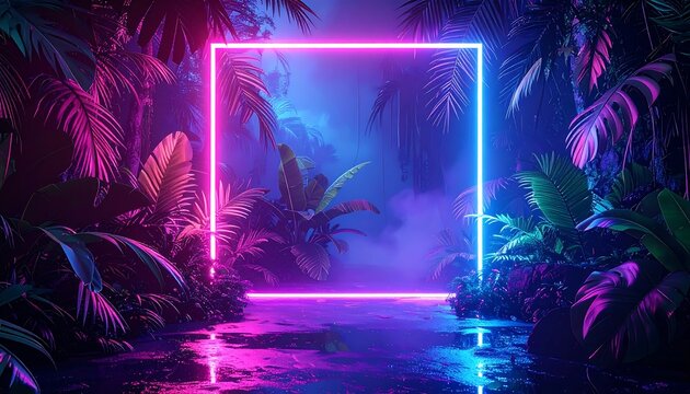 A neon-lit jungle scene with a glowing pink and blue rectangular frame